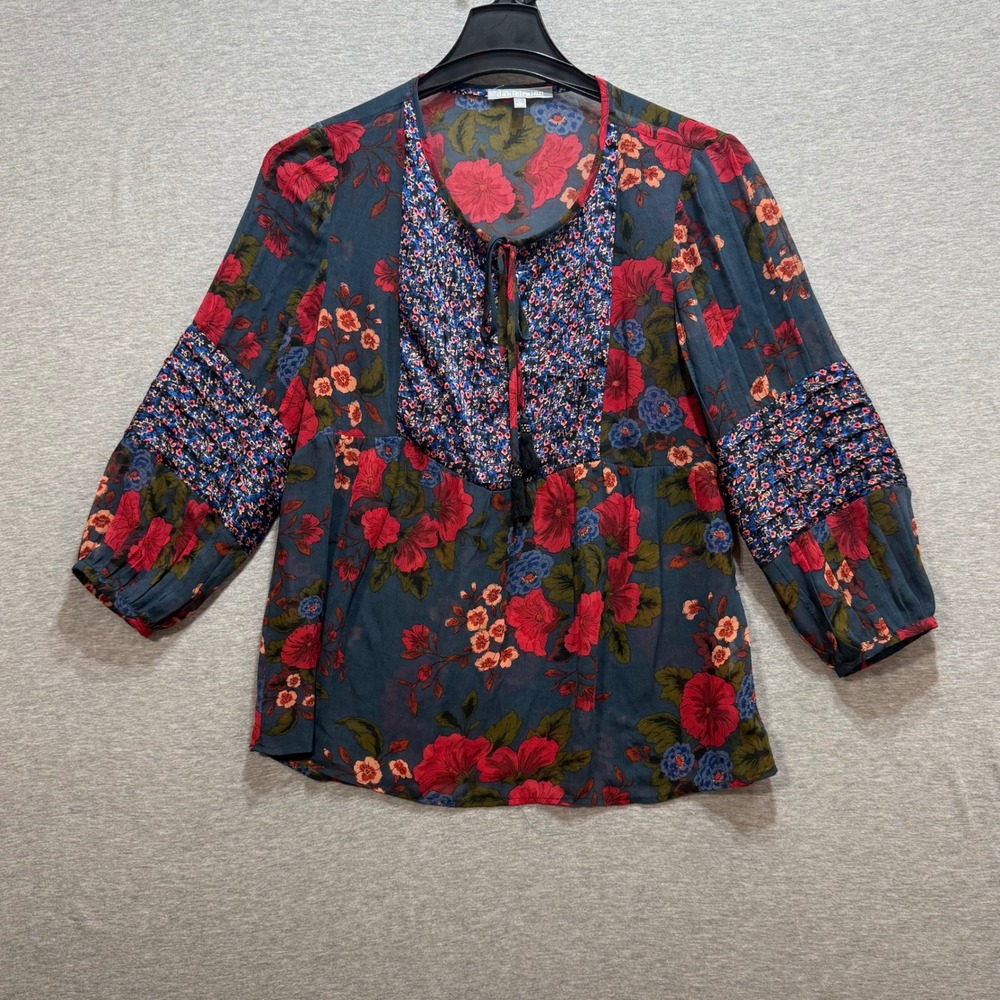 Daniel Rainn Floral Sheer Blouse Womens Size M Blue Red Boho Tassel Cottagecore